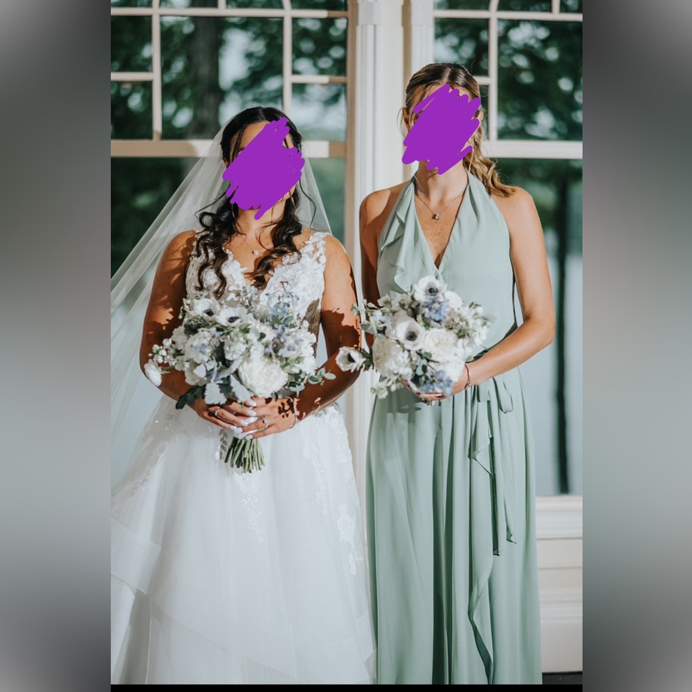 Nouvelle Amsale Bridesmaid Dress Erica, Sage Green, Chiffon, Halter Neck, Medium